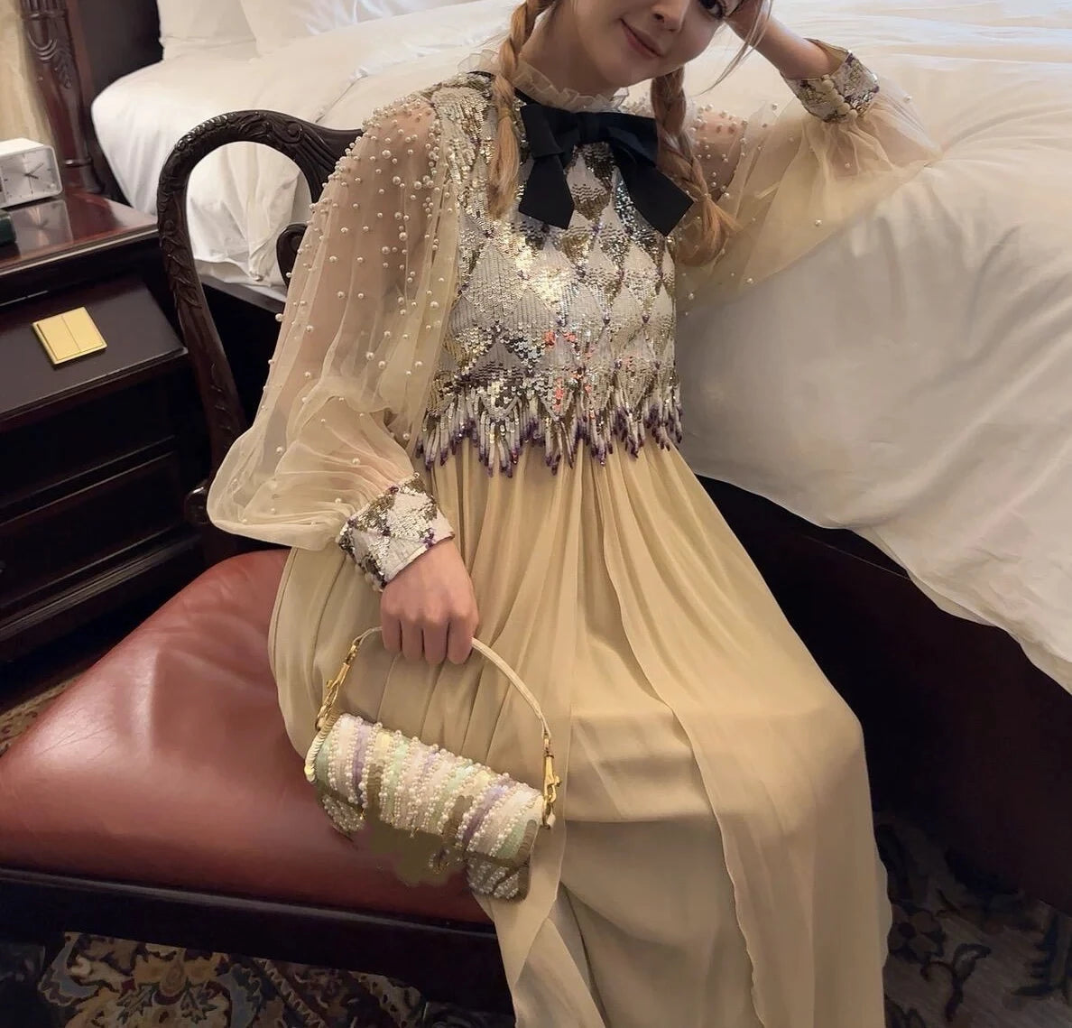 Silk Bowtie Sequin Midi Dress