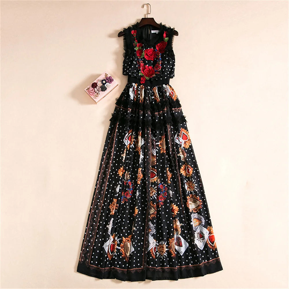 Floral Appliques Maxi Chiffon Dress