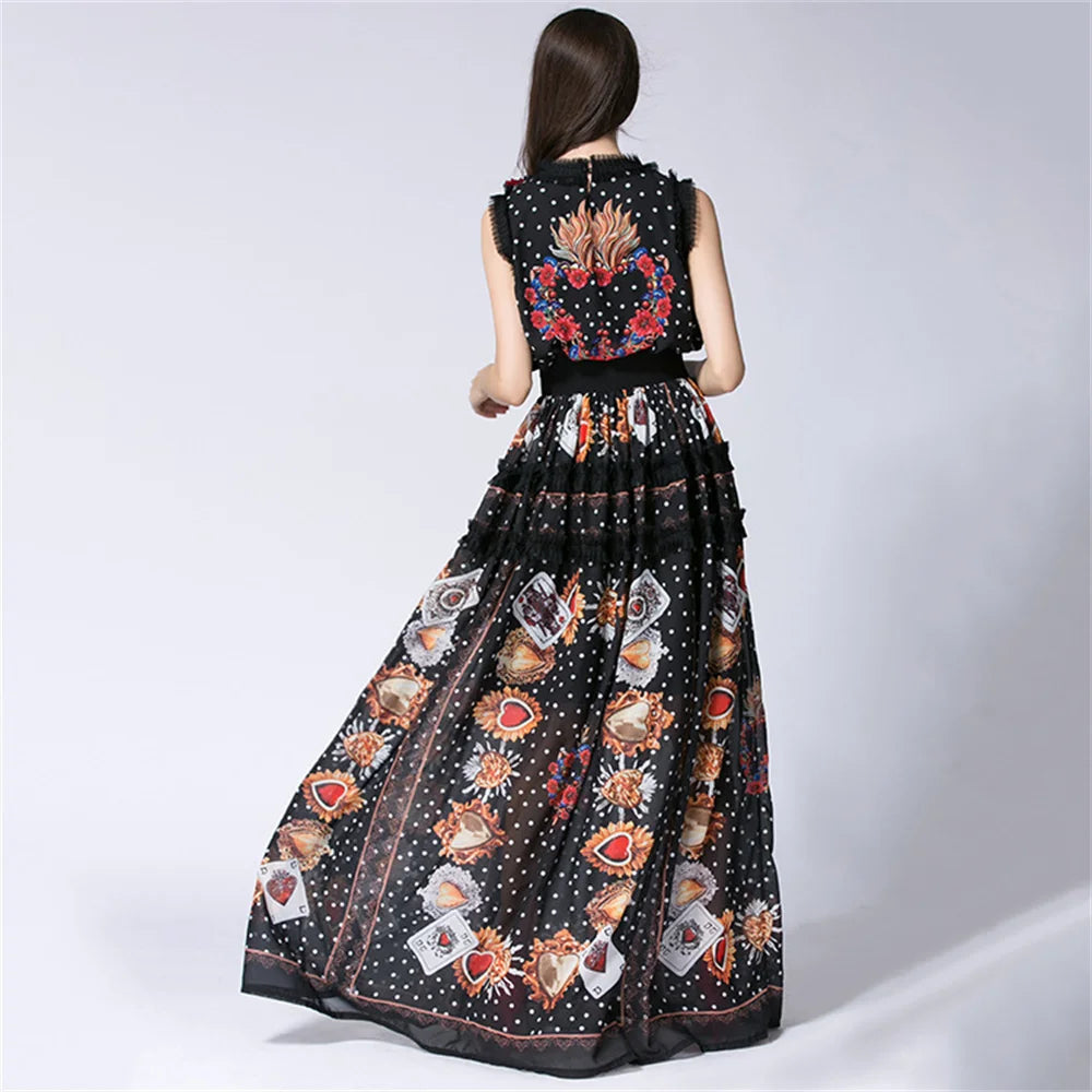 Floral Appliques Maxi Chiffon Dress