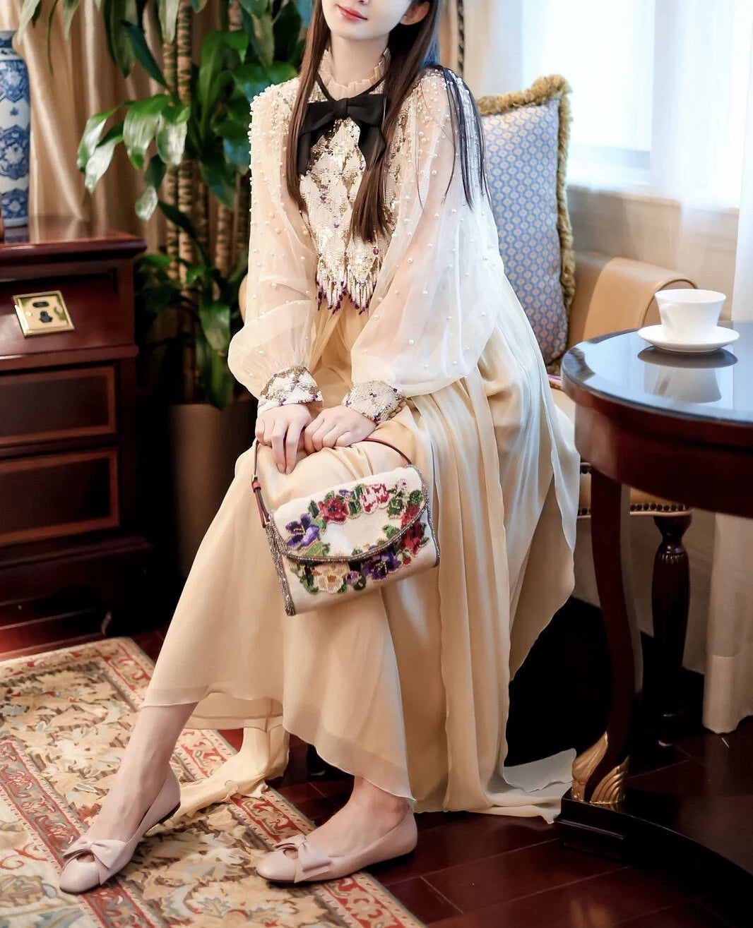Silk Bowtie Sequin Midi Dress