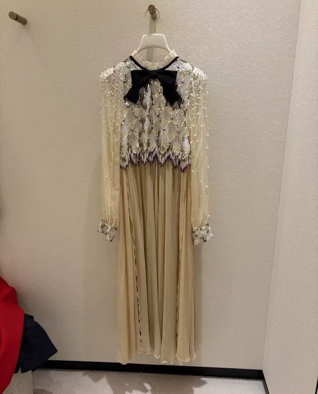 Silk Bowtie Sequin Midi Dress
