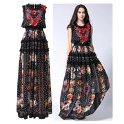 Floral Appliques Maxi Chiffon Dress
