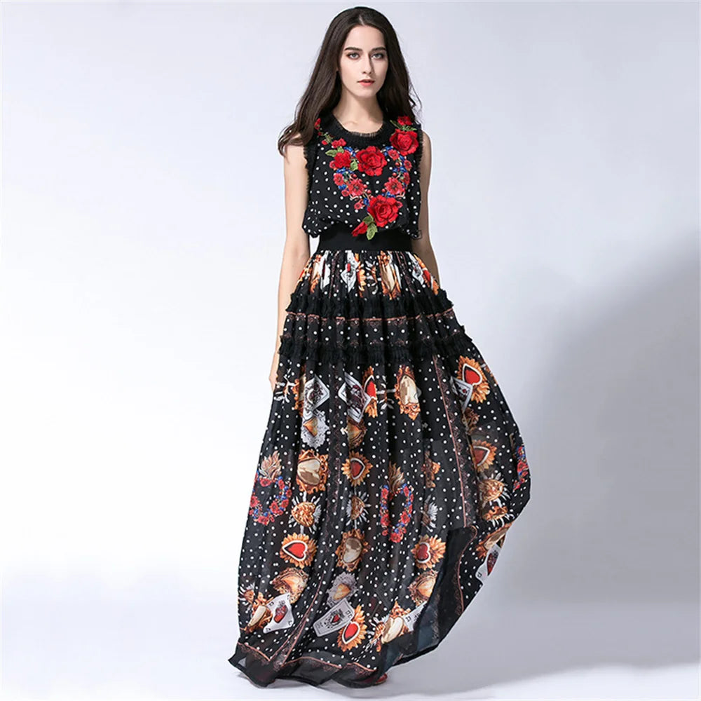 Floral Appliques Maxi Chiffon Dress