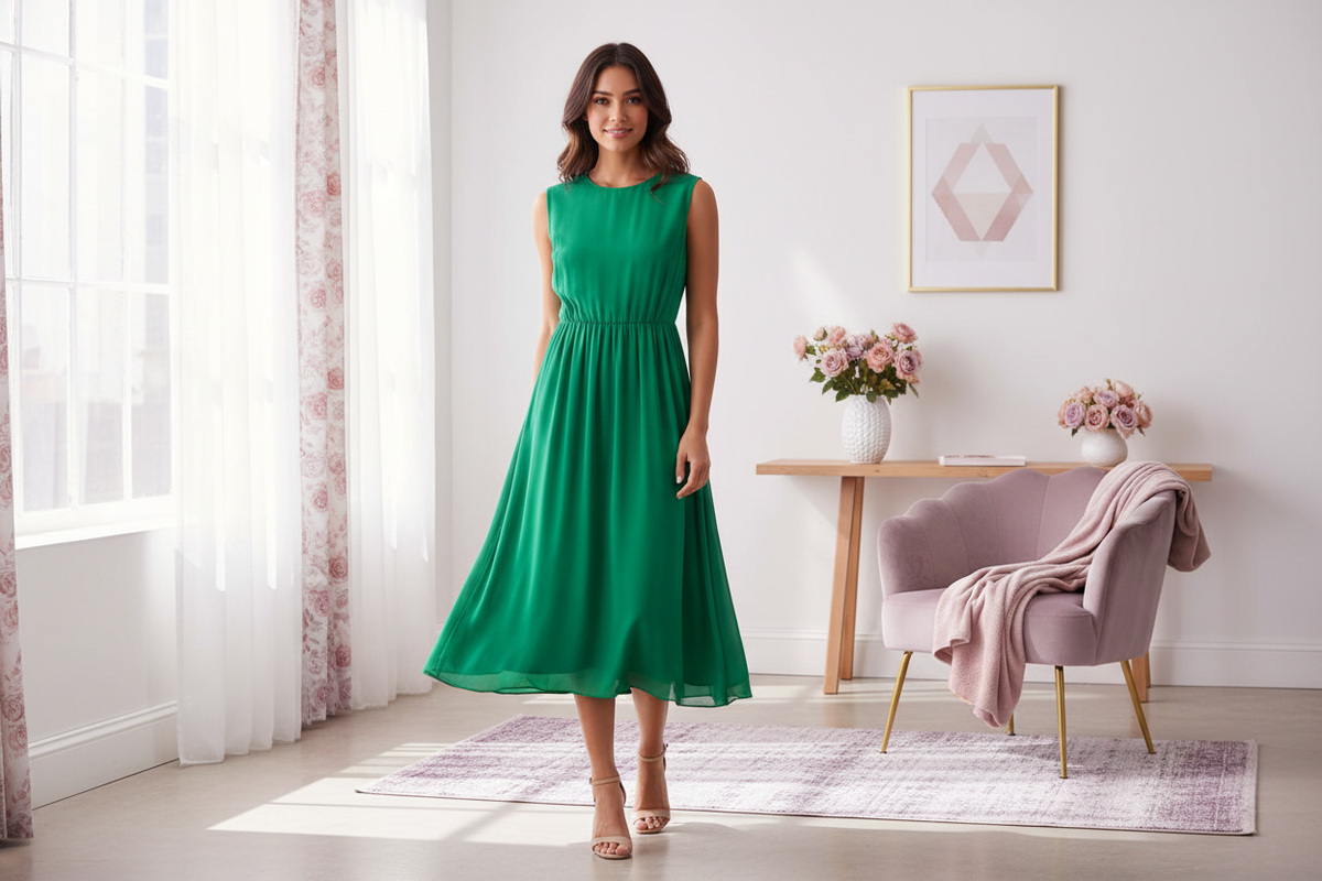 Diverse woman in a green A-line knee-length dress, smiling in a bright room with rose and dusty lilac decor.