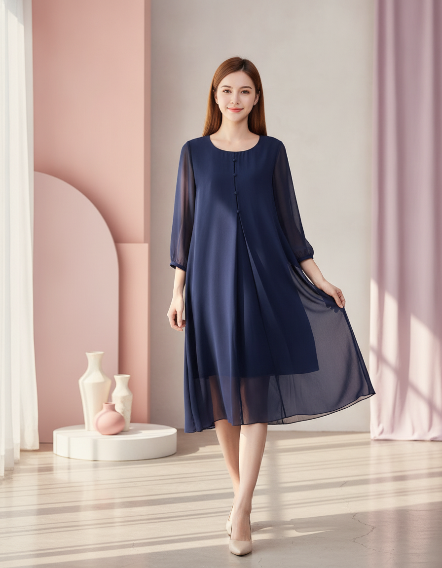 Dark Blue A-Line Knee-Length Dress - premium-split-layout